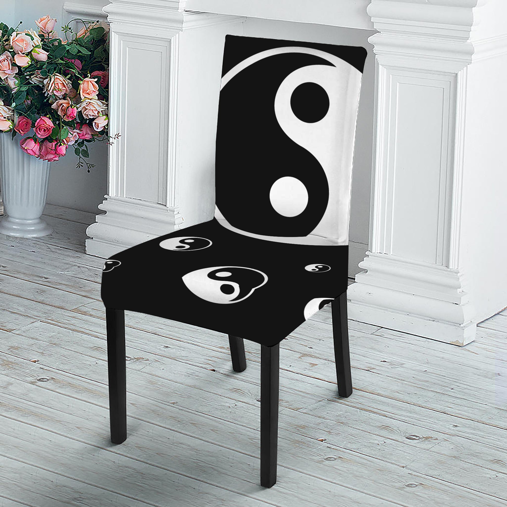 Black And White Yin Yang Pattern Print Dining Chair Slipcover