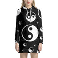Black And White Yin Yang Pattern Print Pullover Hoodie Dress
