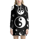 Black And White Yin Yang Pattern Print Hoodie Dress