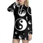 Black And White Yin Yang Pattern Print Hoodie Dress