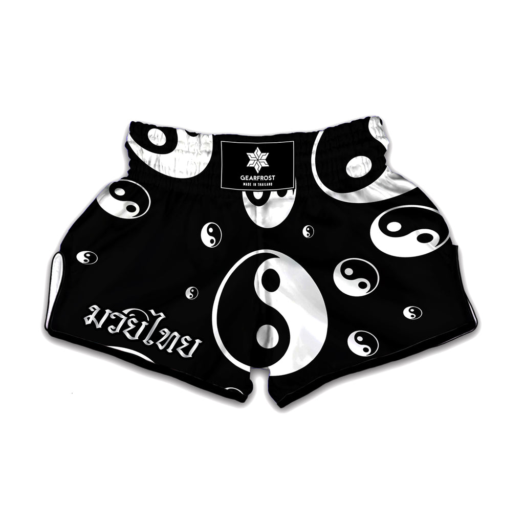 Black And White Yin Yang Pattern Print Muay Thai Boxing Shorts