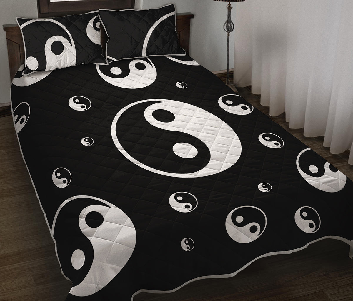 Black And White Yin Yang Pattern Print Quilt Bed Set