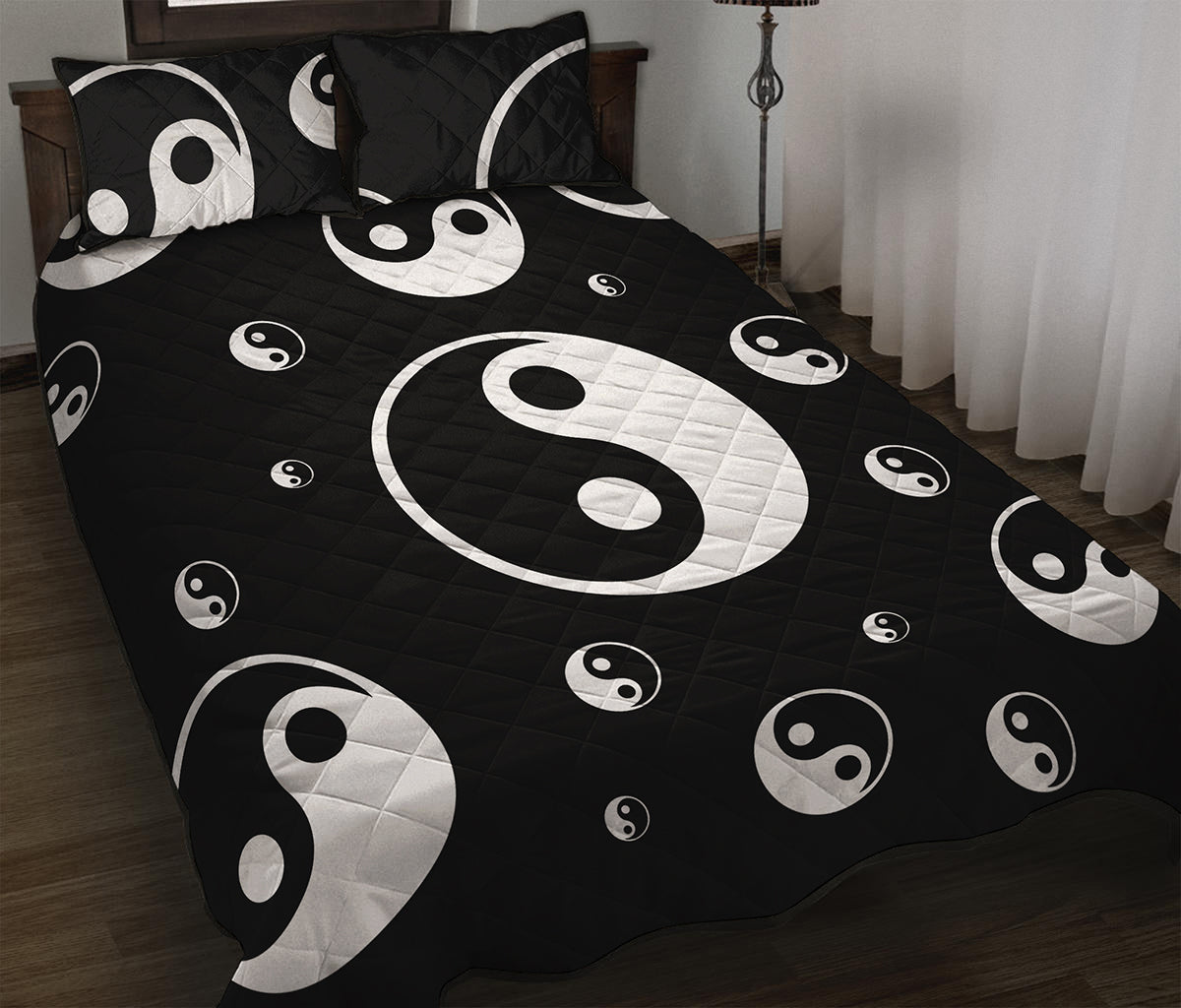 Black And White Yin Yang Pattern Print Quilt Bed Set