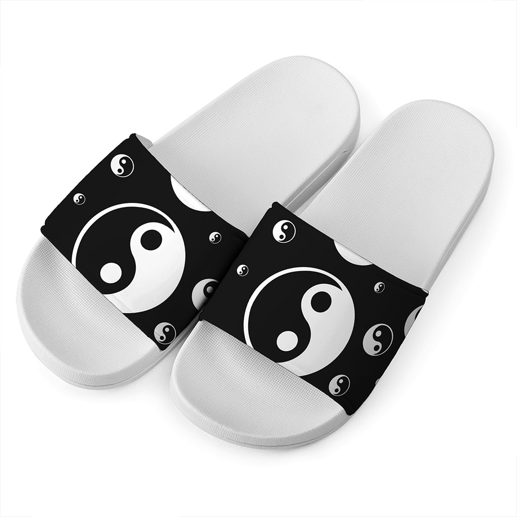 Black And White Yin Yang Pattern Print White Slide Sandals