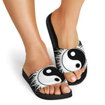 Black And White Yin Yang Sun Print Black Slide Sandals