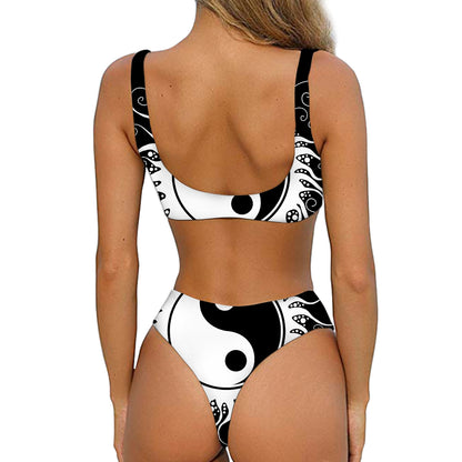 Black And White Yin Yang Sun Print Front Bow Tie Bikini