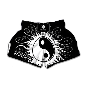 Black And White Yin Yang Sun Print Muay Thai Boxing Shorts