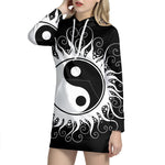 Black And White Yin Yang Sun Print Pullover Hoodie Dress