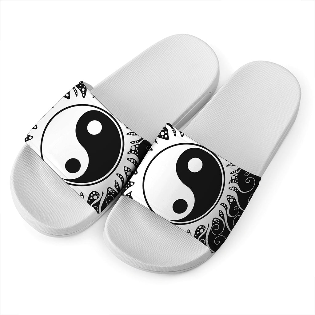Black And White Yin Yang Sun Print White Slide Sandals