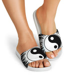 Black And White Yin Yang Sun Print White Slide Sandals