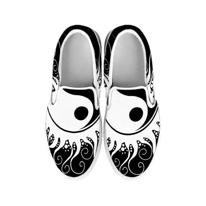 Black And White Yin Yang Sun Print White Slip On Shoes