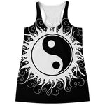 Black And White Yin Yang Sun Print Women's Racerback Tank Top