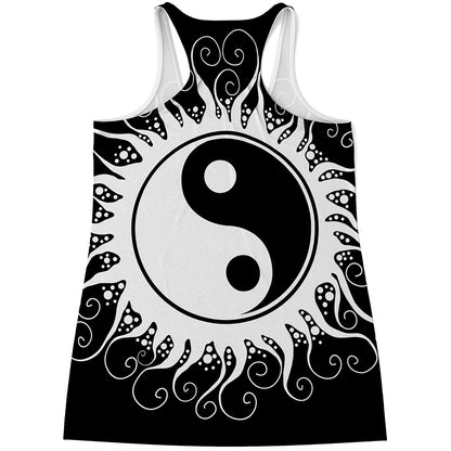 Black And White Yin Yang Sun Print Women's Racerback Tank Top