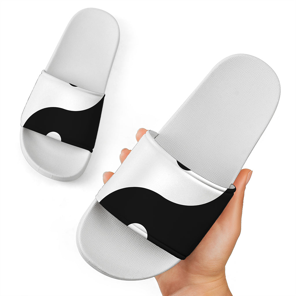 Black And White Yin Yang Symbol Print White Slide Sandals