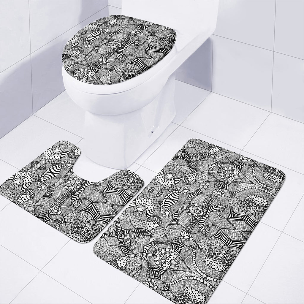Black And White Zentangle Pattern Print 3 Piece Bath Mat Set