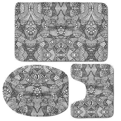 Black And White Zentangle Pattern Print 3 Piece Bath Mat Set