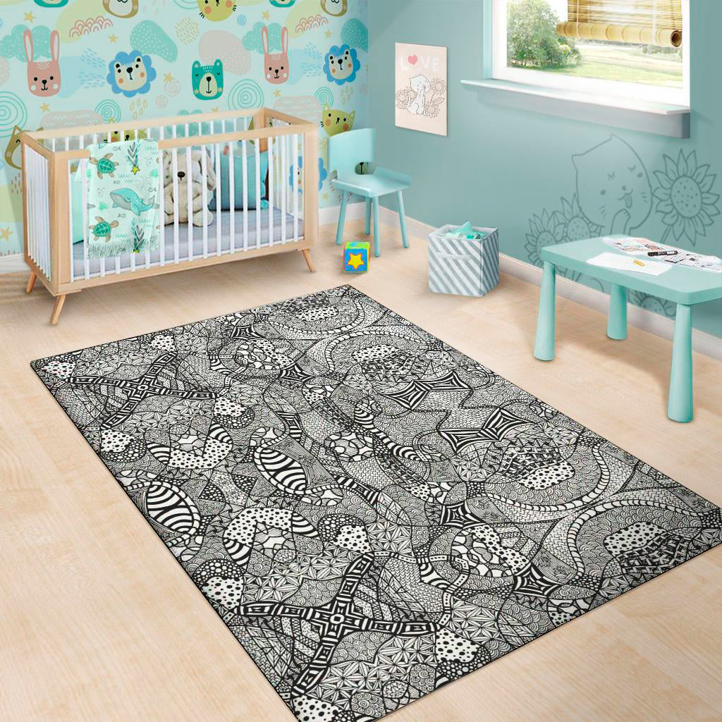 Black And White Zentangle Pattern Print Area Rug