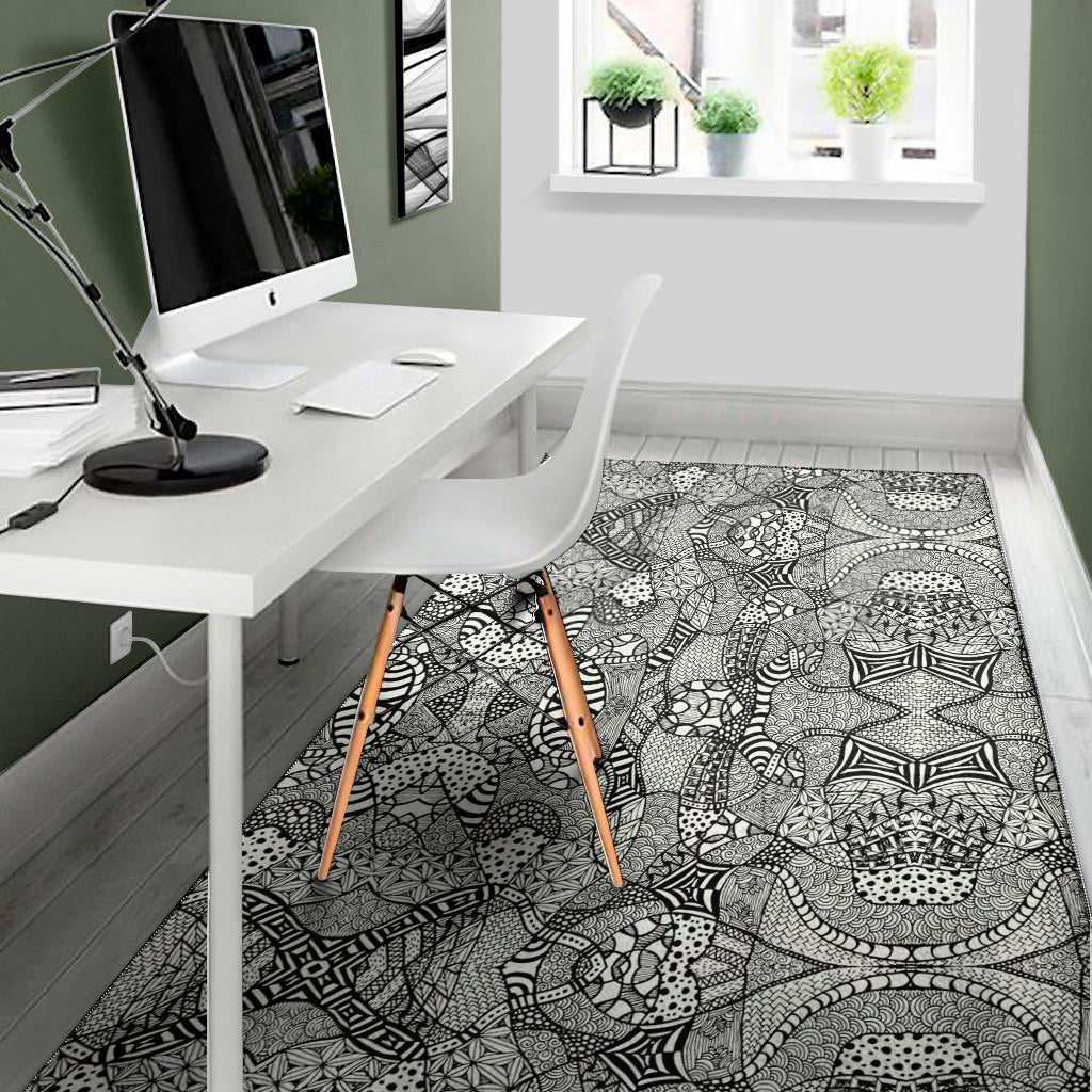 Black And White Zentangle Pattern Print Area Rug