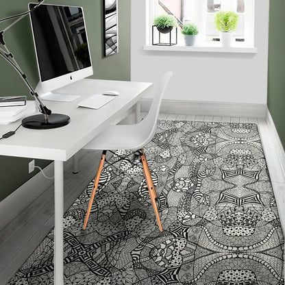 Black And White Zentangle Pattern Print Area Rug