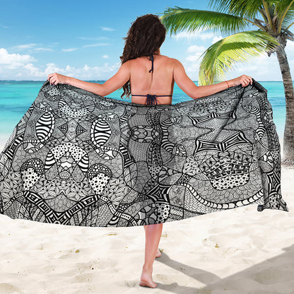 Black And White Zentangle Pattern Print Beach Sarong Wrap