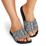 Black And White Zentangle Pattern Print Black Slide Sandals