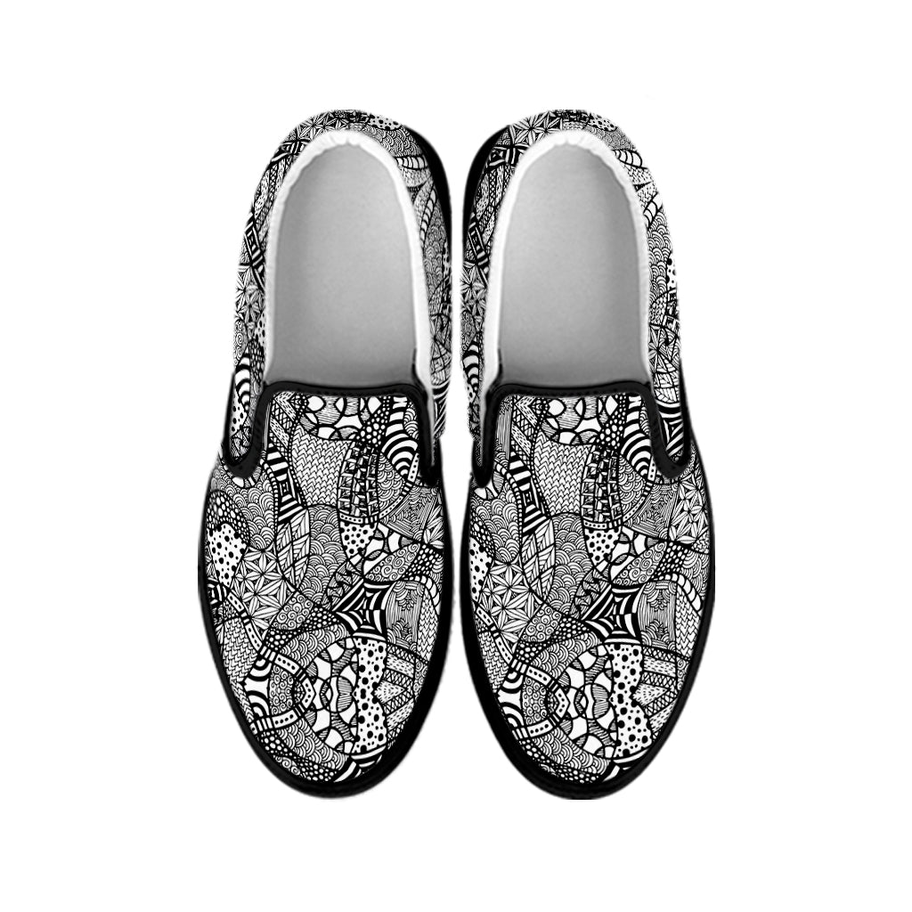 Black And White Zentangle Pattern Print Black Slip On Shoes