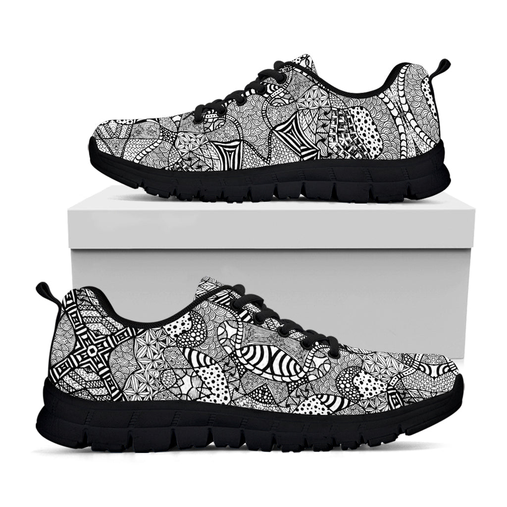Black And White Zentangle Pattern Print Black Sneakers