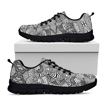 Black And White Zentangle Pattern Print Black Sneakers