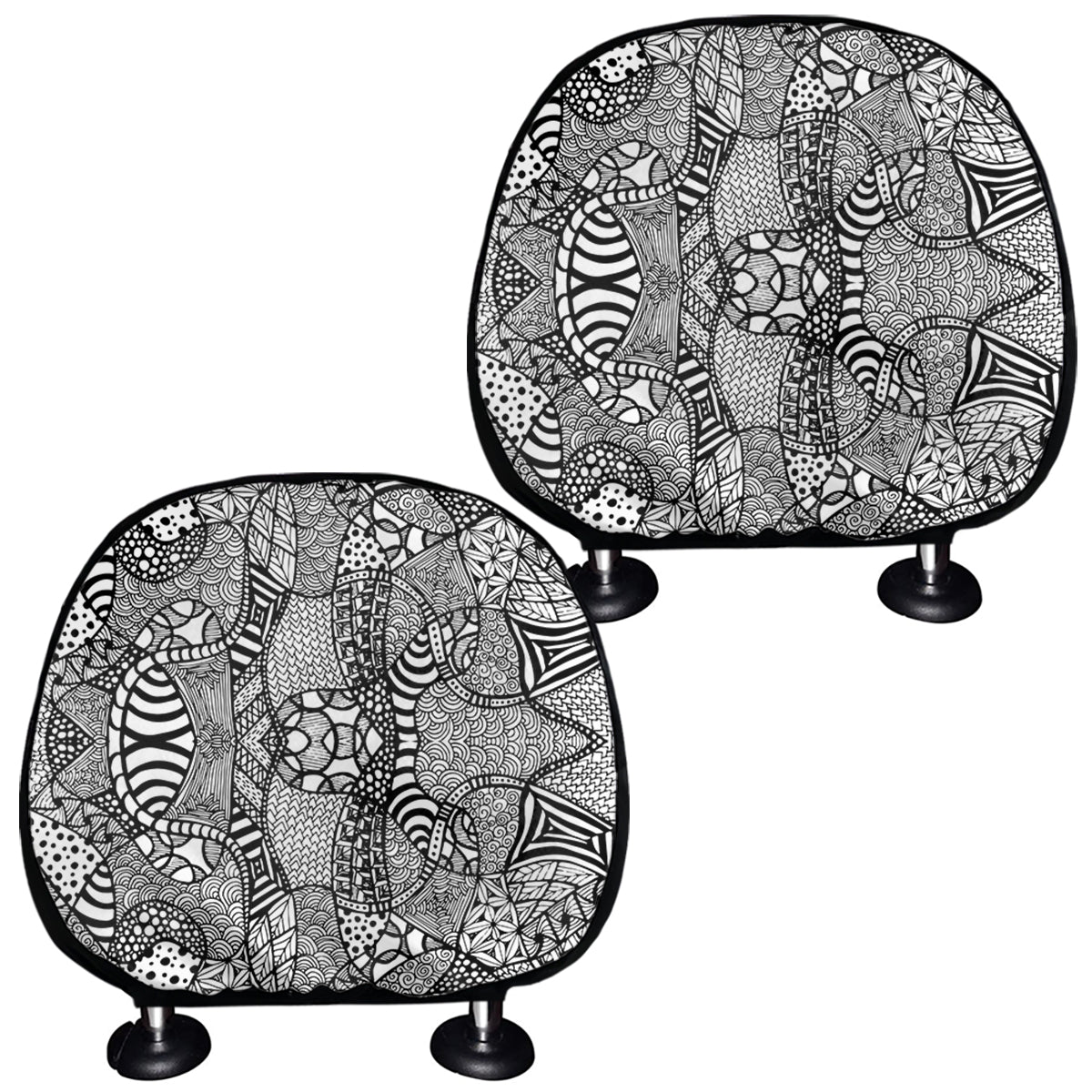 Black And White Zentangle Pattern Print Car Headrest Covers