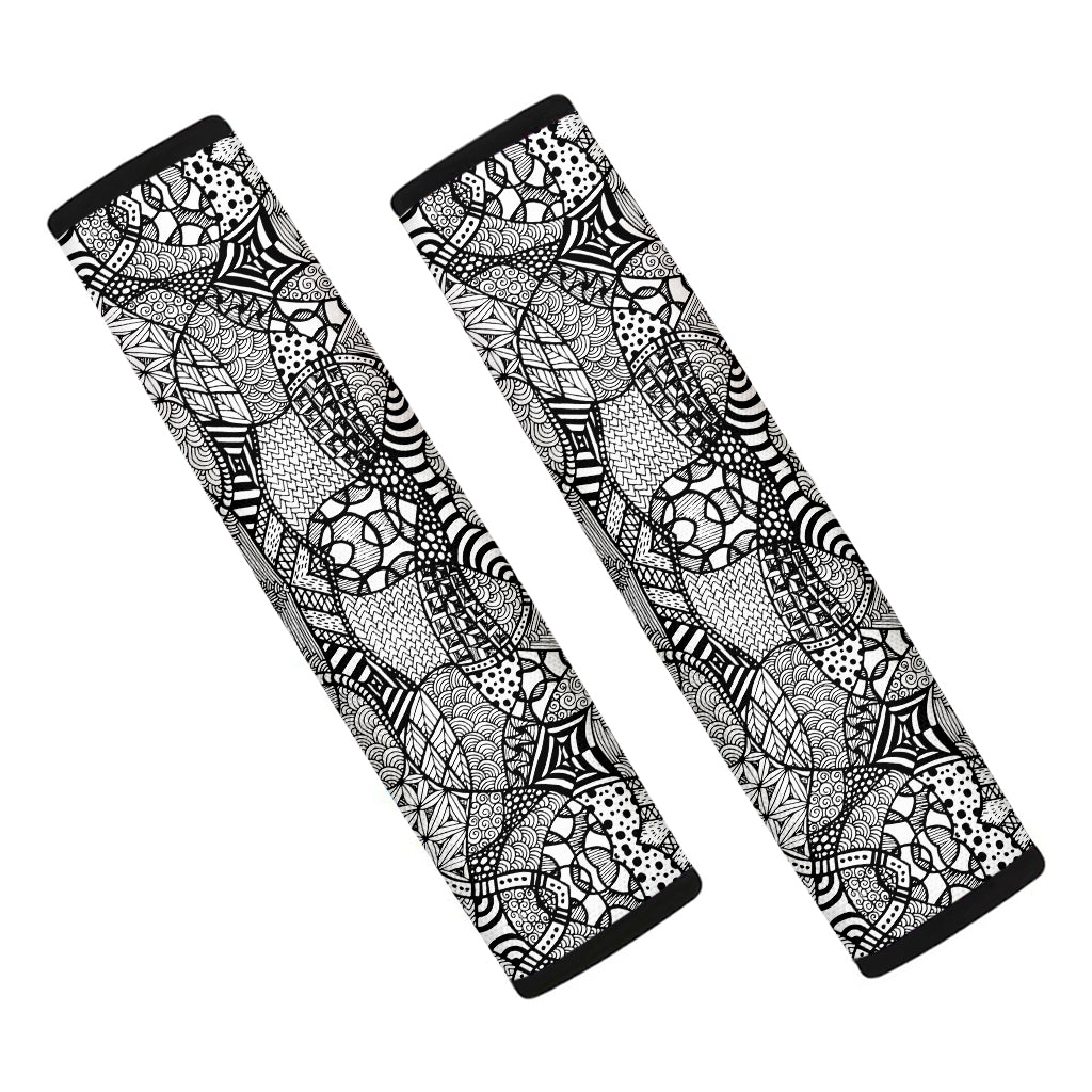 Black And White Zentangle Pattern Print Car Seat Belt Covers