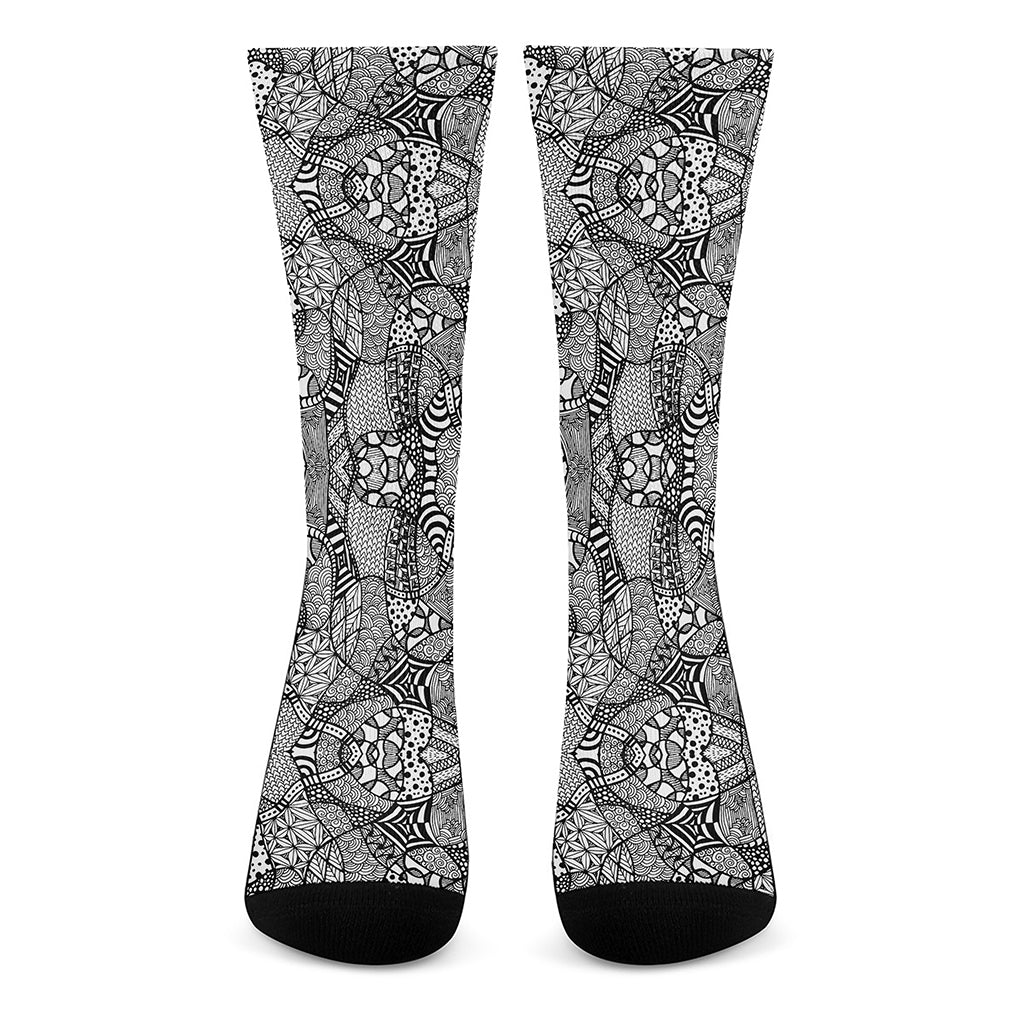 Black And White Zentangle Pattern Print Crew Socks