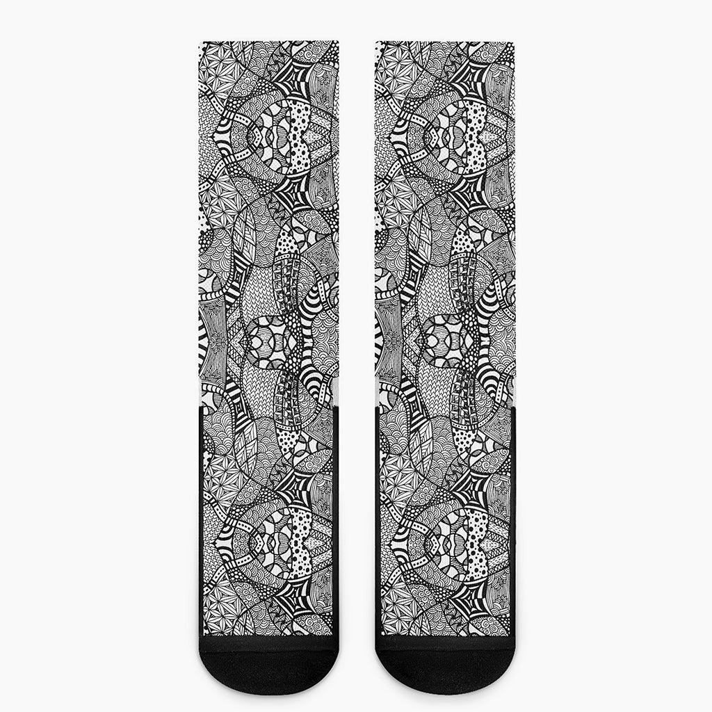 Black And White Zentangle Pattern Print Crew Socks