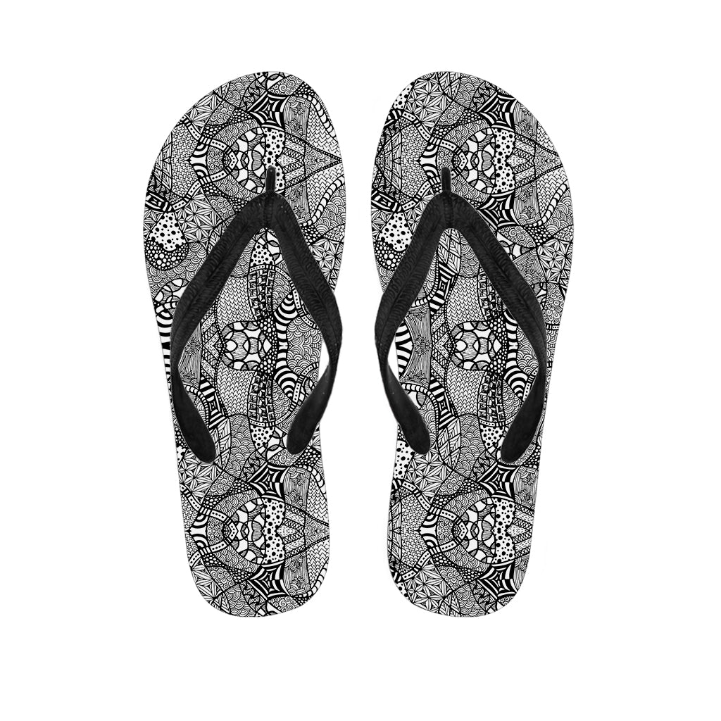 Black And White Zentangle Pattern Print Flip Flops