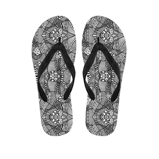 Black And White Zentangle Pattern Print Flip Flops