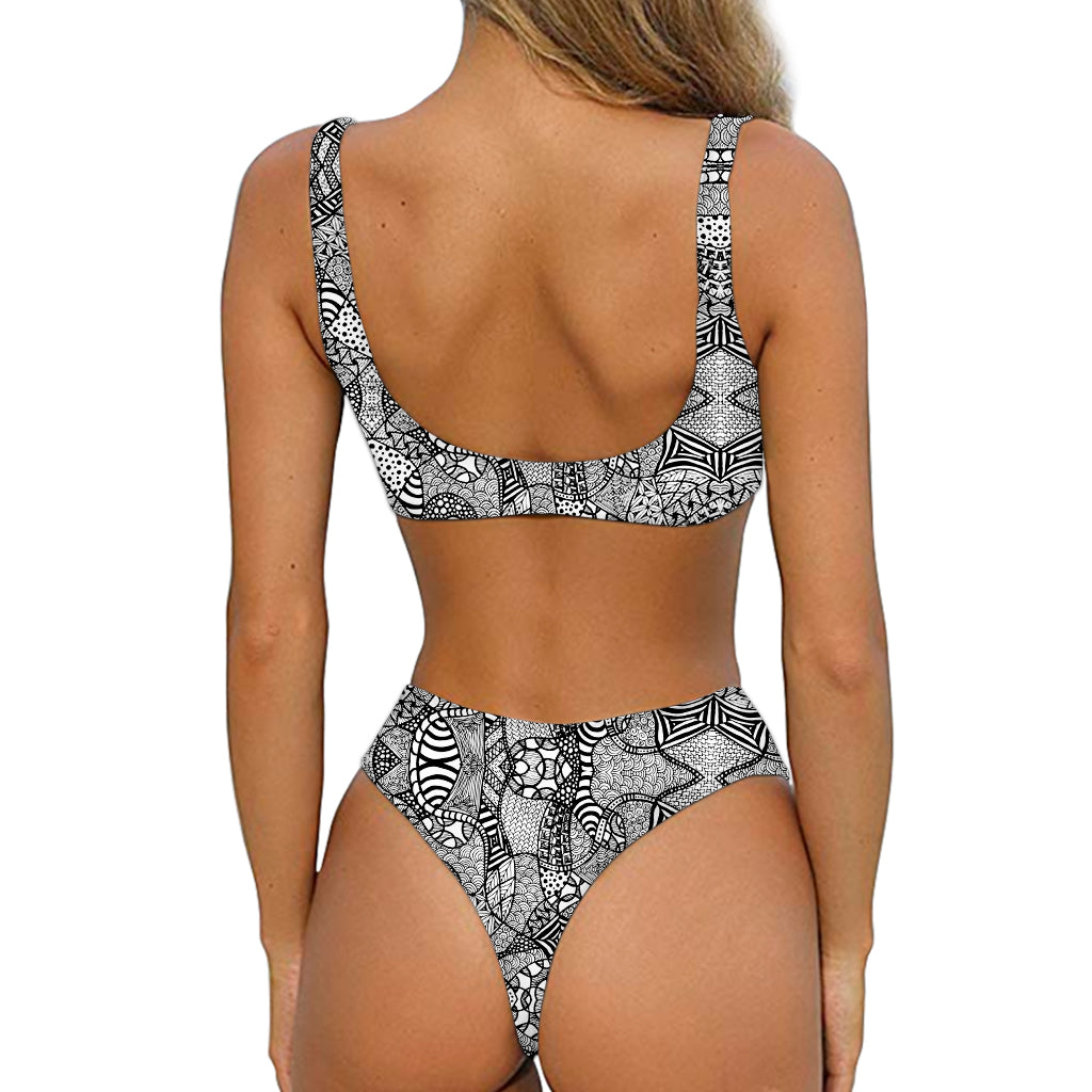 Black And White Zentangle Pattern Print Front Bow Tie Bikini