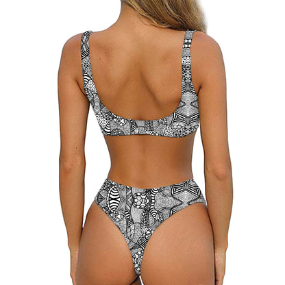 Black And White Zentangle Pattern Print Front Bow Tie Bikini