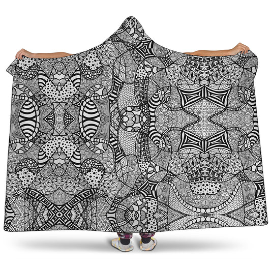 Black And White Zentangle Pattern Print Hooded Blanket