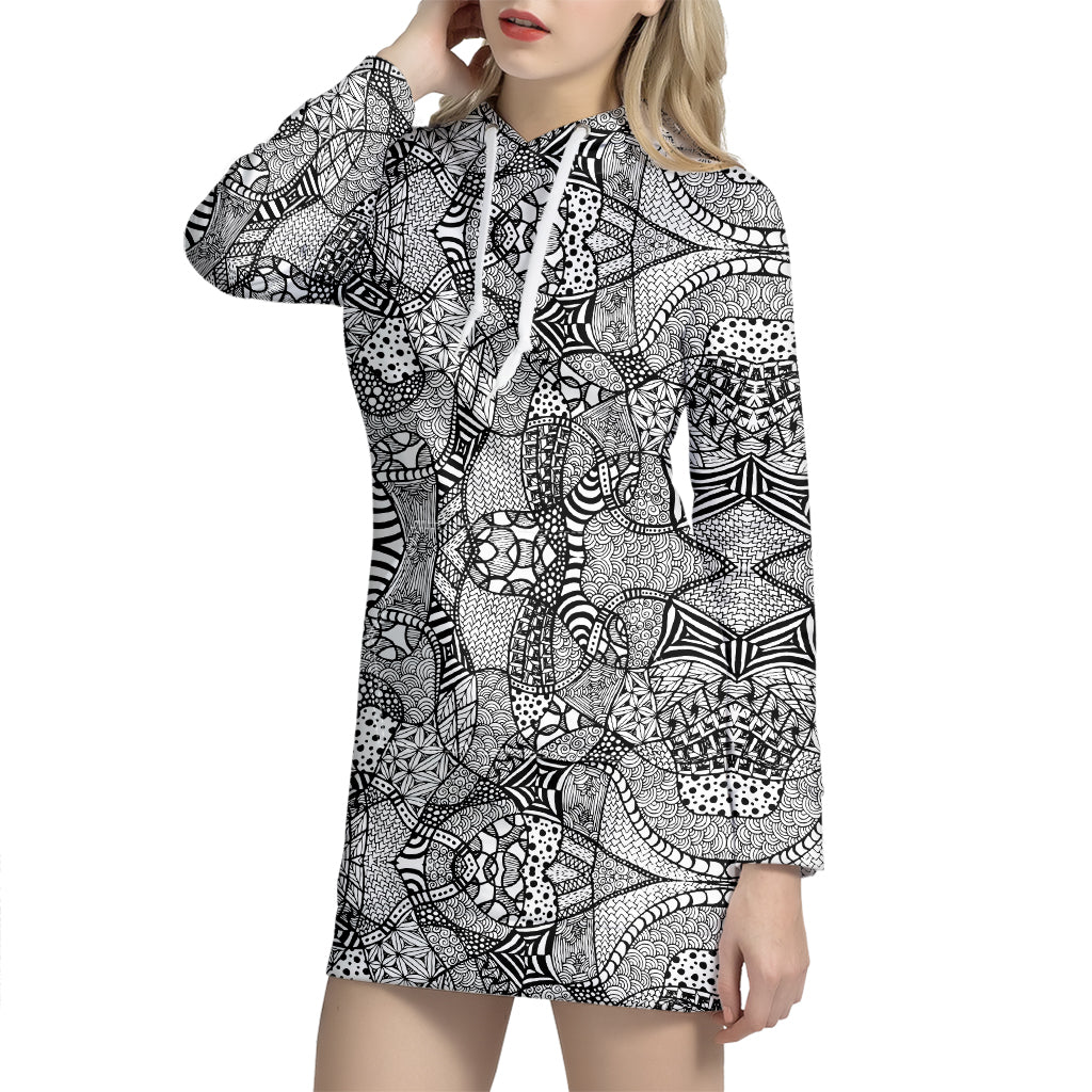 Black And White Zentangle Pattern Print Hoodie Dress