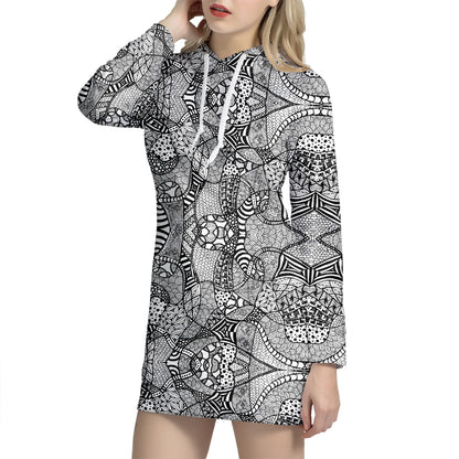 Black And White Zentangle Pattern Print Hoodie Dress