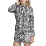 Black And White Zentangle Pattern Print Hoodie Dress