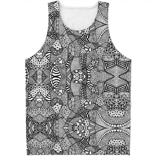 Black And White Zentangle Pattern Print Men's Tank Top