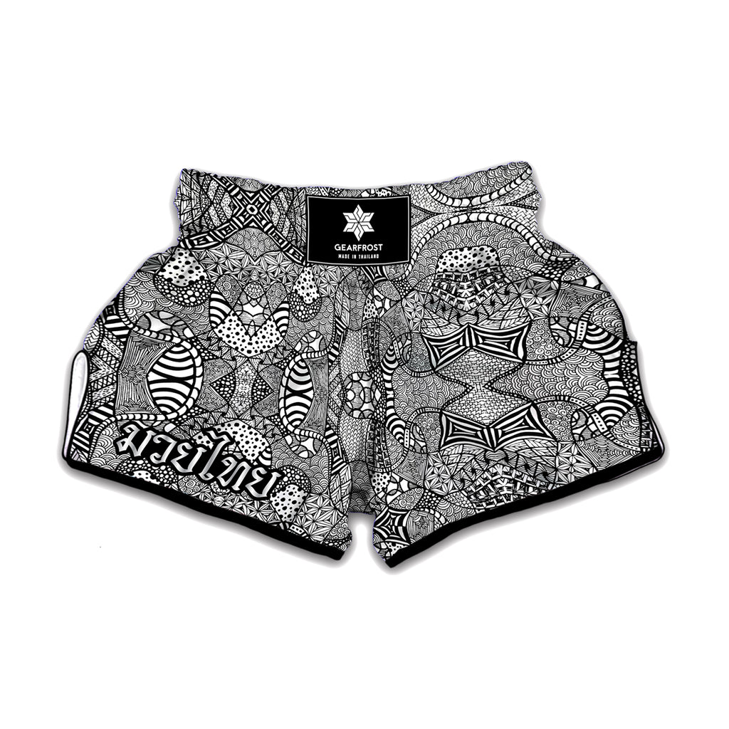 Black And White Zentangle Pattern Print Muay Thai Boxing Shorts