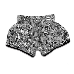 Black And White Zentangle Pattern Print Muay Thai Boxing Shorts