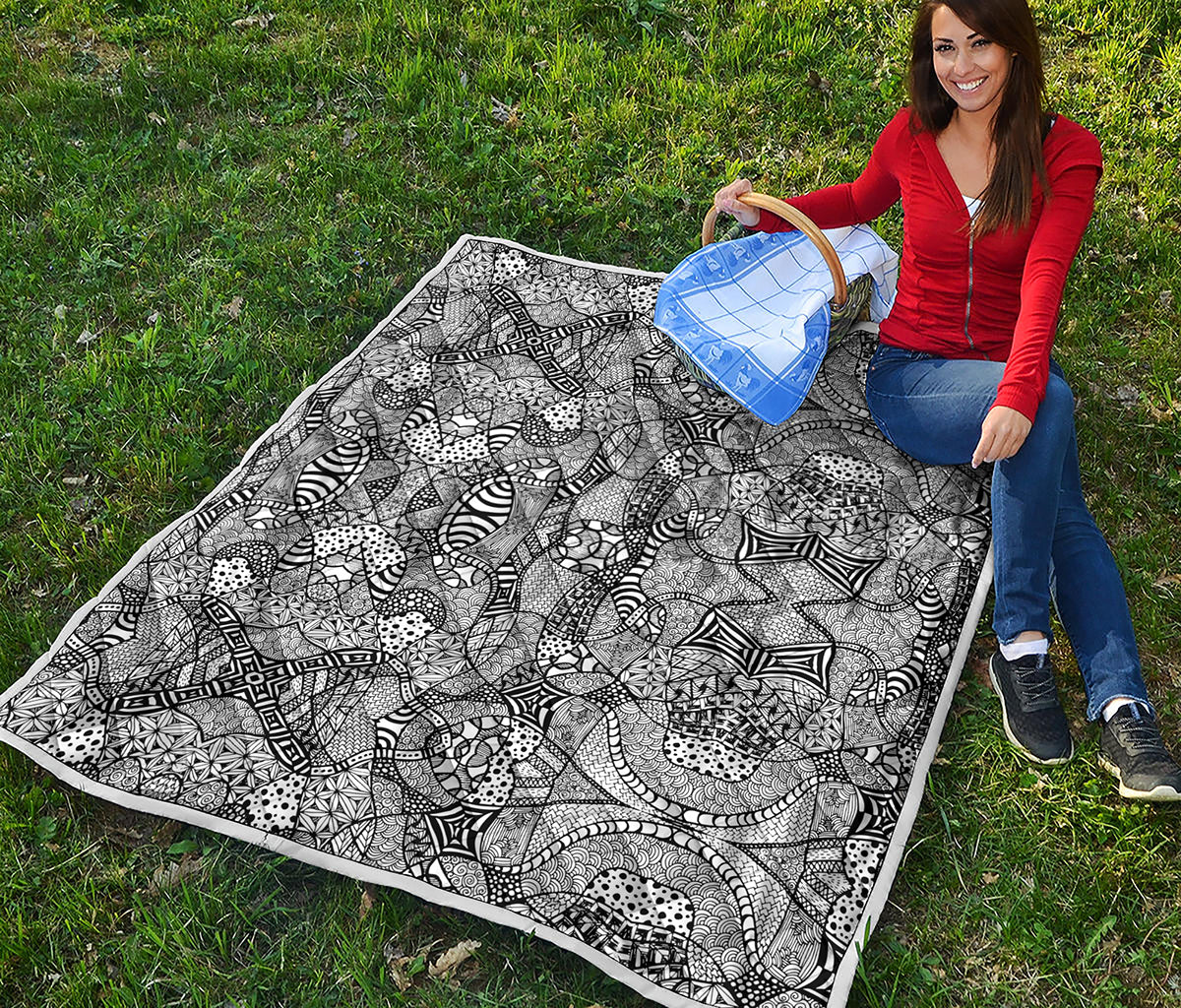 Black And White Zentangle Pattern Print Quilt