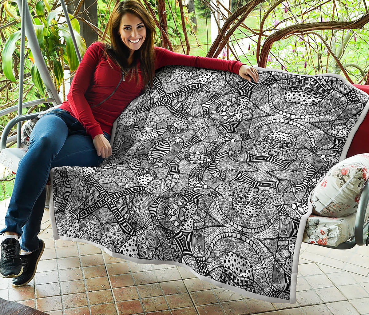 Black And White Zentangle Pattern Print Quilt