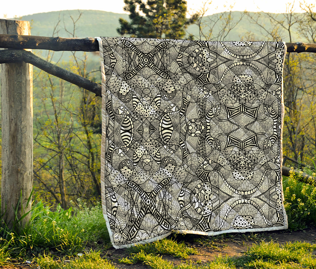 Black And White Zentangle Pattern Print Quilt