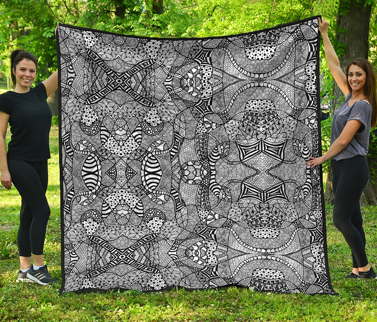 Black And White Zentangle Pattern Print Quilt