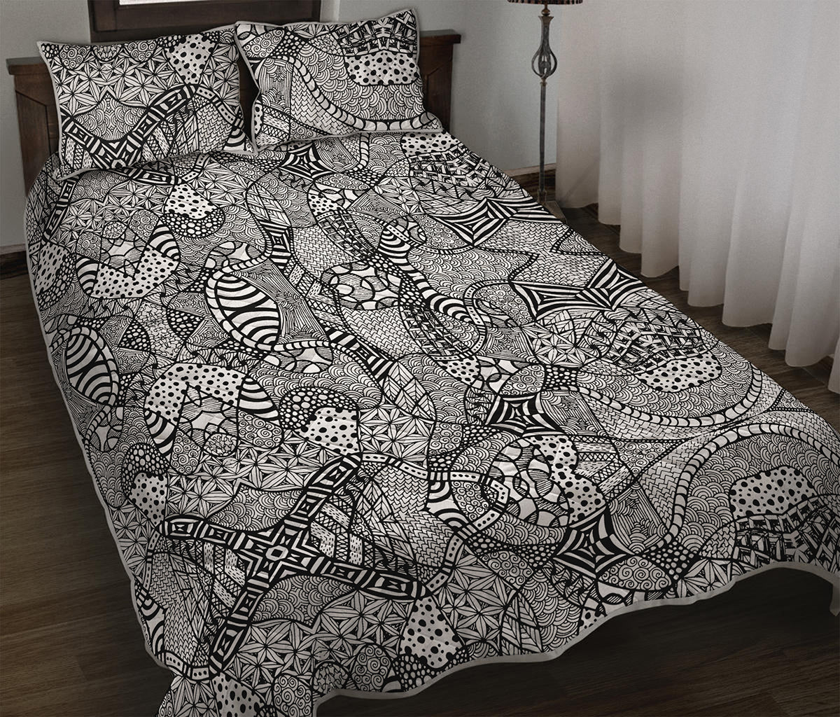 Black And White Zentangle Pattern Print Quilt Bed Set