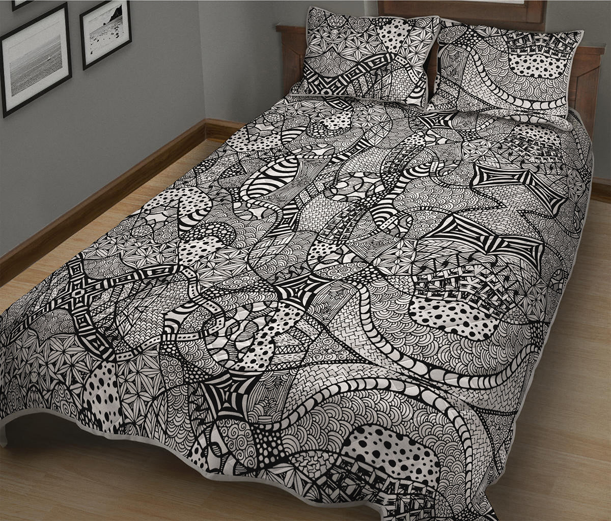Black And White Zentangle Pattern Print Quilt Bed Set
