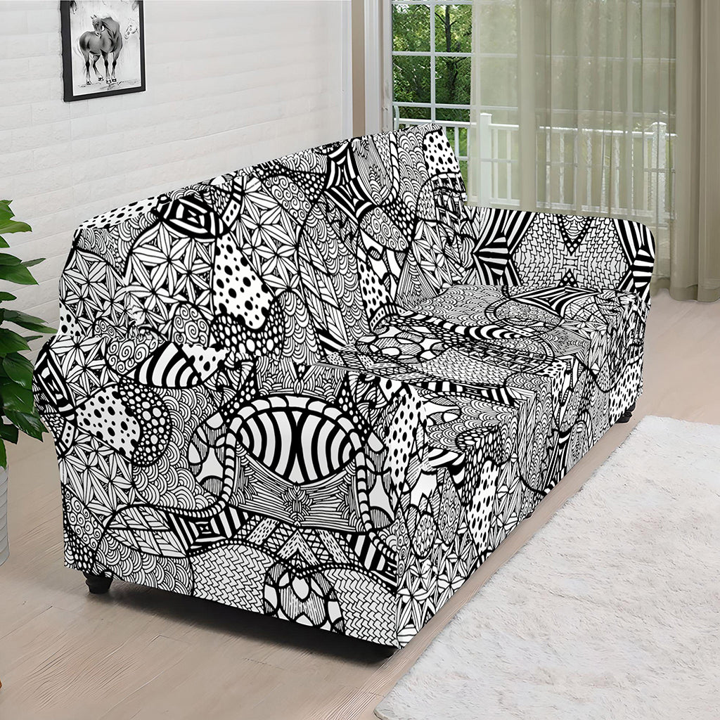 Black And White Zentangle Pattern Print Sofa Cover